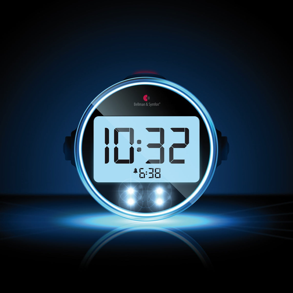 Ada Alarm Clock Pro Bellman Symfon on bedside table at night
