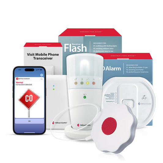 Carbon Monoxide Alarm System with Mobile Transceiver, Flash Receiver, and Bed Shaker