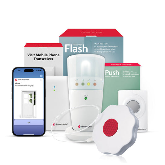 Push Button System with Mobile Transceiver, Flash Receiver, and Bed Shaker