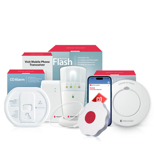 Smoke/Fire and CO Alarm System with Mobile Transceiver, Flash Receiver, and Bed Shaker