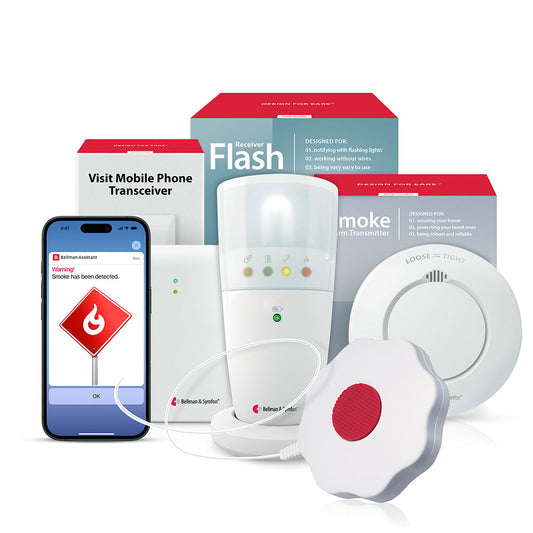 Smoke/Fire Alarm System with Mobile Transceiver, Flash Receiver, and Bed Shaker
