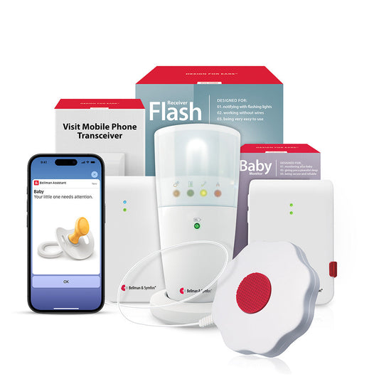 Baby Monitor System with Mobile Transceiver, Flash Receiver, and Bed Shaker