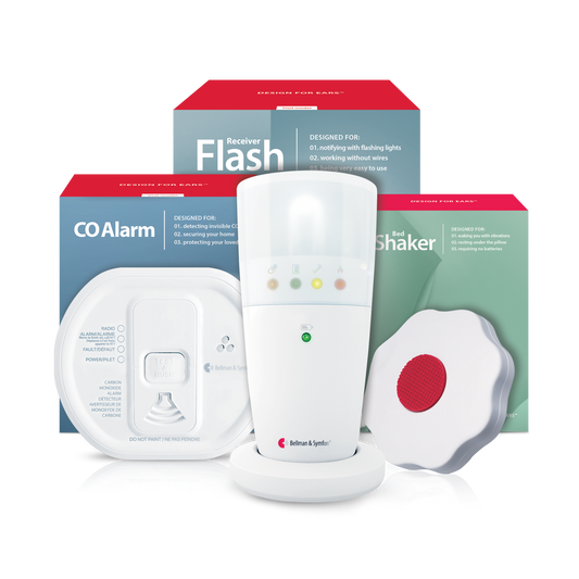 Carbon Monoxide Alarm Notification System with Flash Receiver, Bed Shaker, Mobile Phone Transceiver, and Watch Receiver