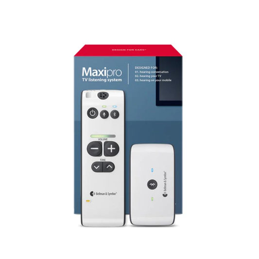 Maxipro TV listening system with remote control and receiver on a white background